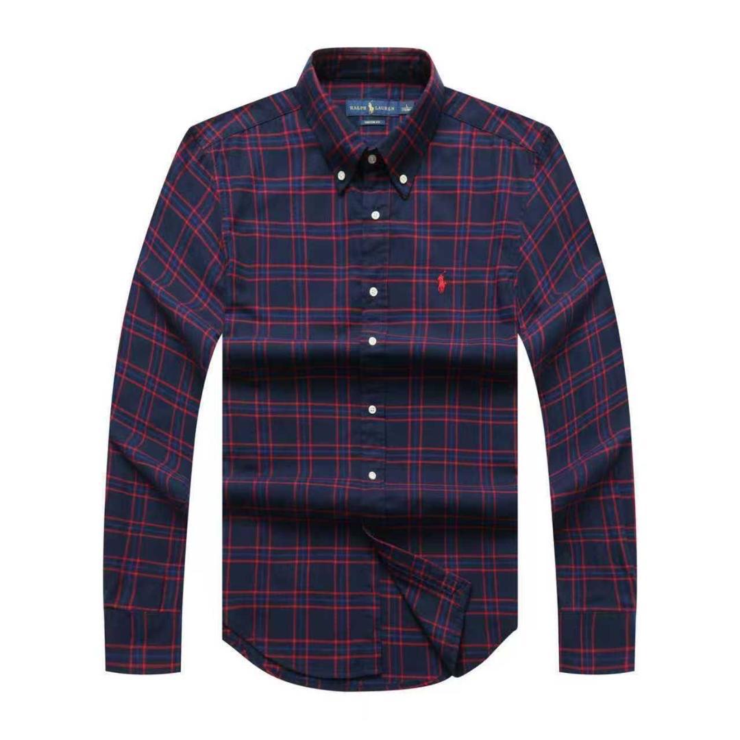 Navy and red plaid shirt with brand logo on a white background