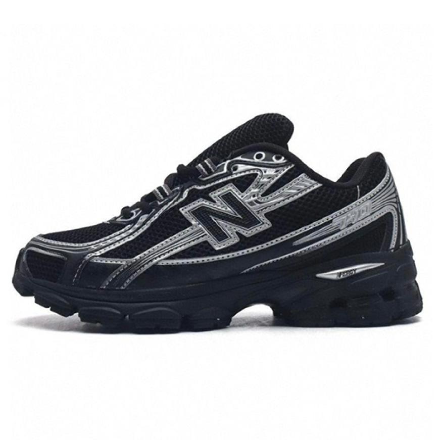 Black and silver running shoe with 'NR' logo on a white background