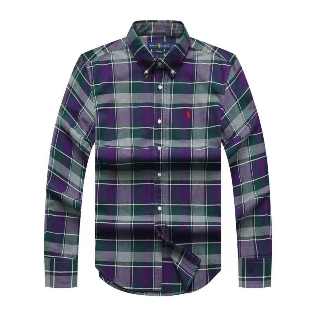 Plaid shirt with purple and green pattern on a white background