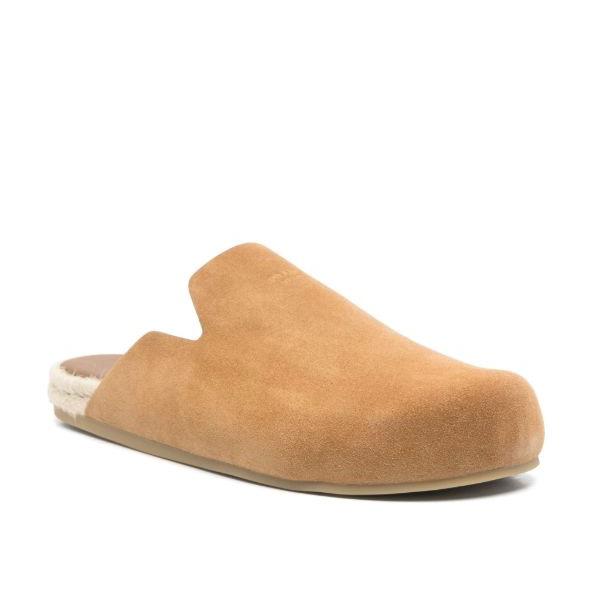Tan slipper front view on a white background