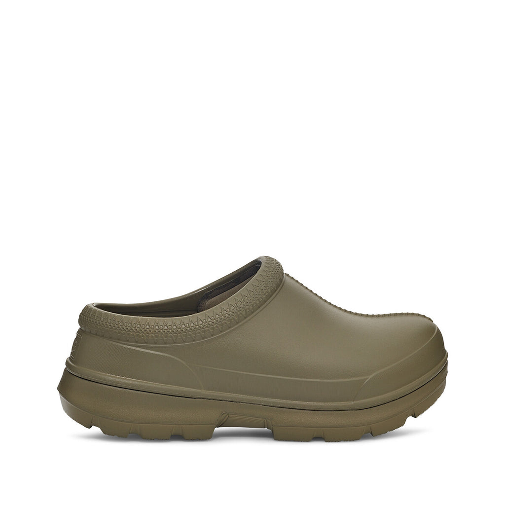 Green UGG Women's Tasman Clogs in Chestnut suede with embroidered braid detail shoe on a white background